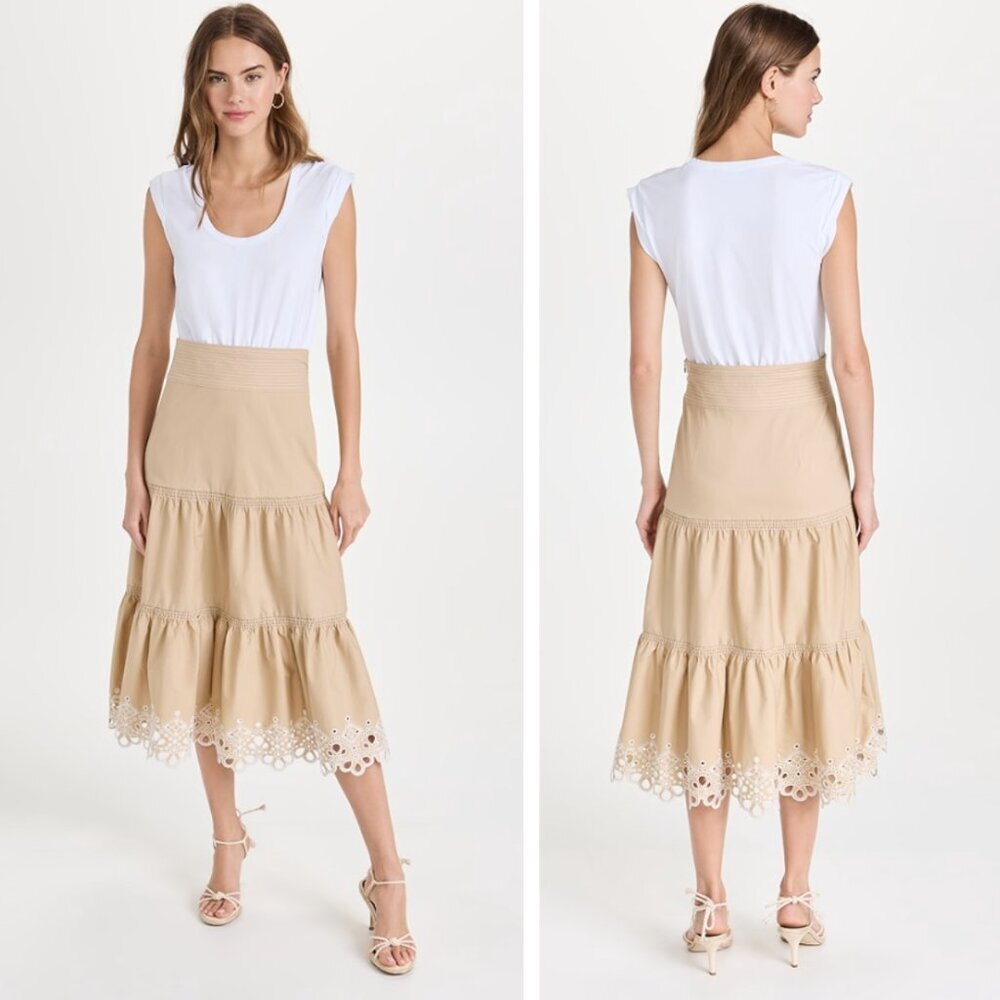 Veronica Beard Jeans Amaia Eyelet Midi Dress XL White Khaki Boho Cottagecore